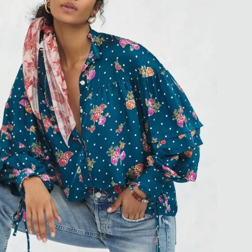 Anthropologie Long Sleeve Blouse Blue Teal Floral Polka Dot Size XS